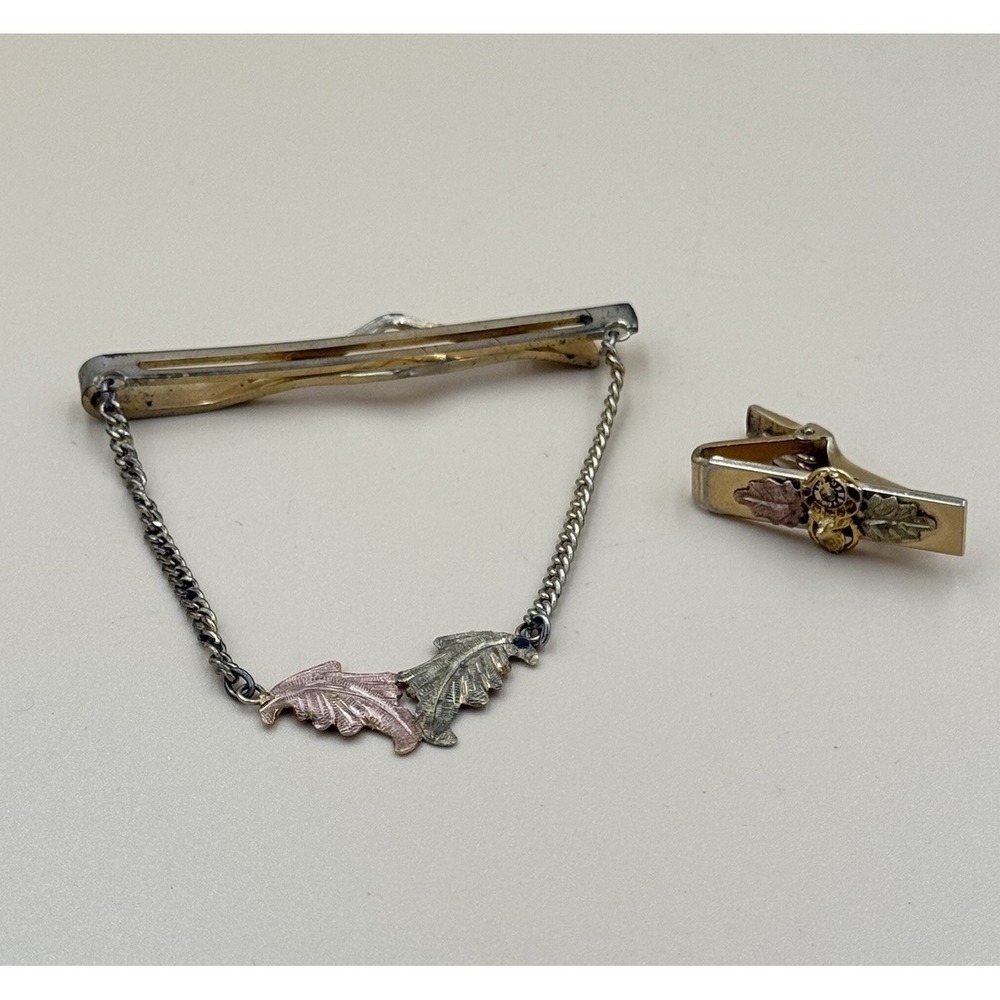 Black Hills Jewelery Co. Tie Clasp & Clip Lot Gold Vintage Leaf Pattern EUC